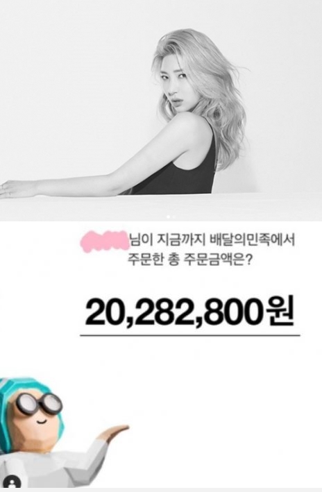 배달의민족 총주문금액 자이언트핑크 인증. /사진=자이언트핑크 인스타그램 캡처    