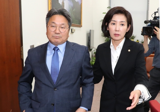 강기정 청와대 정무수석과 나경원 자유한국당 원내대표(왼쪽부터). /사진=뉴시스