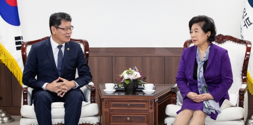 김연철 통일부 장관이 지난 14일 서울 종로구 정부서울청사에서 현정은 현대그룹 회장과 면담에 앞서 악수하고 있다. / 사진=뉴스1 유승관 기자