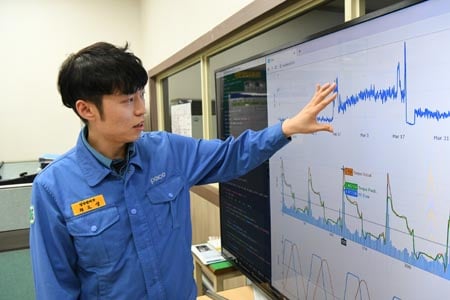 21일 광양제철소 빅데이터 경진대회에서 최우수상을 수상한 압연설비부 최오성 대리가 현장에서 팀원들과 개선 내용에 대해 토론을 벌이고 있다./사진제공=광양제철소