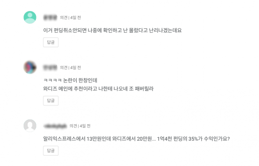 펀딩 중인 제품에 달린 투자자의 의견. /사진=와디즈 캡처