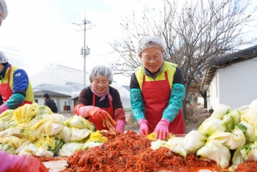 김광수 농협금융 회장(오른쪽)이 28일 강원도 홍천군 왕대추마을에서 진행된 '농협금융지주 사랑의 김장김치 나누기' 활동에서 우리농산물로 김장김치를 담그고 있다. / 사진제공=농협금융