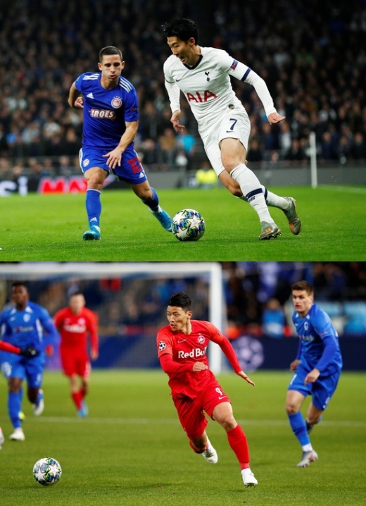 유럽축구연맹(UEFA) 챔피언스리그 조별예선 5주차에서 공격포인트를 추가하며 활약한 토트넘 홋스퍼의 손흥민(위쪽)과 잘츠부르크의 황희찬. /사진=로이터