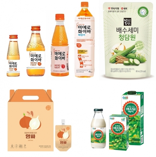 왼쪽 위부터 차례로 현대약품 ‘미에로화이바’, 샘표 ‘백년동안 배수세미 청담원’, 천호엔케어 ‘하루활력 껍질째 영양을 담은 양파’, 정식품 ‘베지밀 에이’