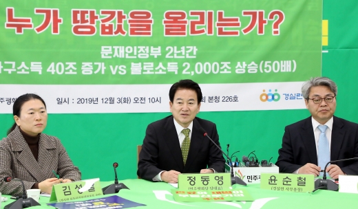정동영 민주평화당 대표가 지난 3일 오전 서울 여의도 국회에서 경실련과 함께 대한민국 땅값 추정발표 기자회견을 하며 문재인정부의 부동산정책을 비판하는 모습. /사진=뉴시스 이종철 기자