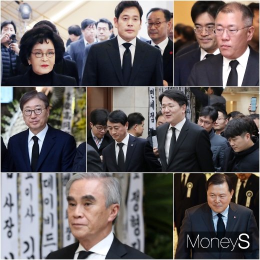10일 수원 아주대병원 장례식장에 마련된 고 김우중 전 대우 회장의 빈소를 찾은 신세계그룹 이명희 회장-정용진 부회장, 정의선 현대차 수석부회장-공영운 현대차 사장, 조원태 한진그룹 회장, 황각규 롯데지주 부회장, 김희근 벽산엔지니어링 회장, 윤부근 삼성전자 부회장(왼쪽부터 시계방향). /사진=임한별 기자