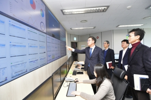 이대훈 NH농협은행장(가운데)이 서울 중구에 위치한 농협은행 본점 RPA(Robotics Process Automation·로봇 프로세스 자동화) 컨트롤룸을 찾아 점검하고 있다./사진=농협은행