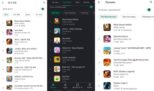 왼쪽부터 미국 구글플레이 스토어 롤플레잉 부문 인기 순위, 미국 구글플레이 스토어 인기 게임 순위, 러시아 구글플레이 스토어 인기 게임 순위. /사진=펄어비스