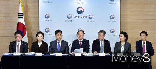 ▲ 정승일 산업통상자원부 차관(왼쪽부터), 김현미 국토교통부 장관, 박양우 문화체육관광부 장관, 홍남기 부총리, 이재갑 고용노동부 장관, 박영선 중소벤처기업부 장관, 은성수 금융위원장