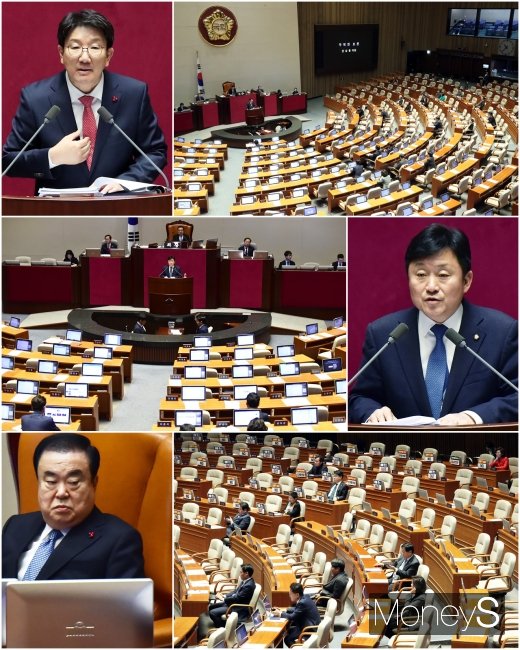 (위쪽부터) 권선동 자유한국당 의원과 최인호 더불어민주당 의원이 24일 서울 여의도 국회 본회의에서 패스트트랙(신속처리안건) 법안 저지 및 선거법 개정 등의 안건에 대해 필리버스터를 하고 있는 가운데 문희상 국회의장이 이를 경청하고 있다. /사진=임한별 기자