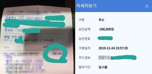닭강정 판매점 점주가 인증한 주문내역(왼쪽)과 카드 강제취소 승인내역. /사진=온라인 커뮤니티 캡처