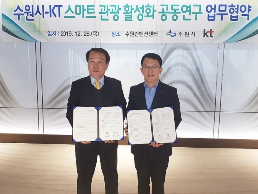 조청식 수원시 제1부시장(오른쪽)과 최철 ㈜KT 경기법인사업단장(왼쪽)이 함께하고 있다. / 사진제공=수원시