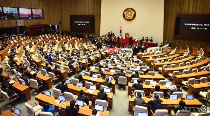 27일 서울 여의도 국회 본회의장에서 열린 제373회 국회(임시회) 제1차 본회의에서 개의를 저지하려는 자유한국당 의원들. /사진=임한별 기자