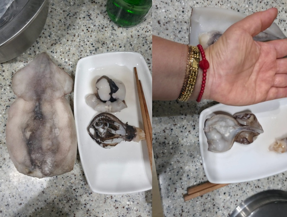 데쳤더니 4분의 1 크기로 쪼그라든 오징어…물 먹인 냉동 수산물의 배신?